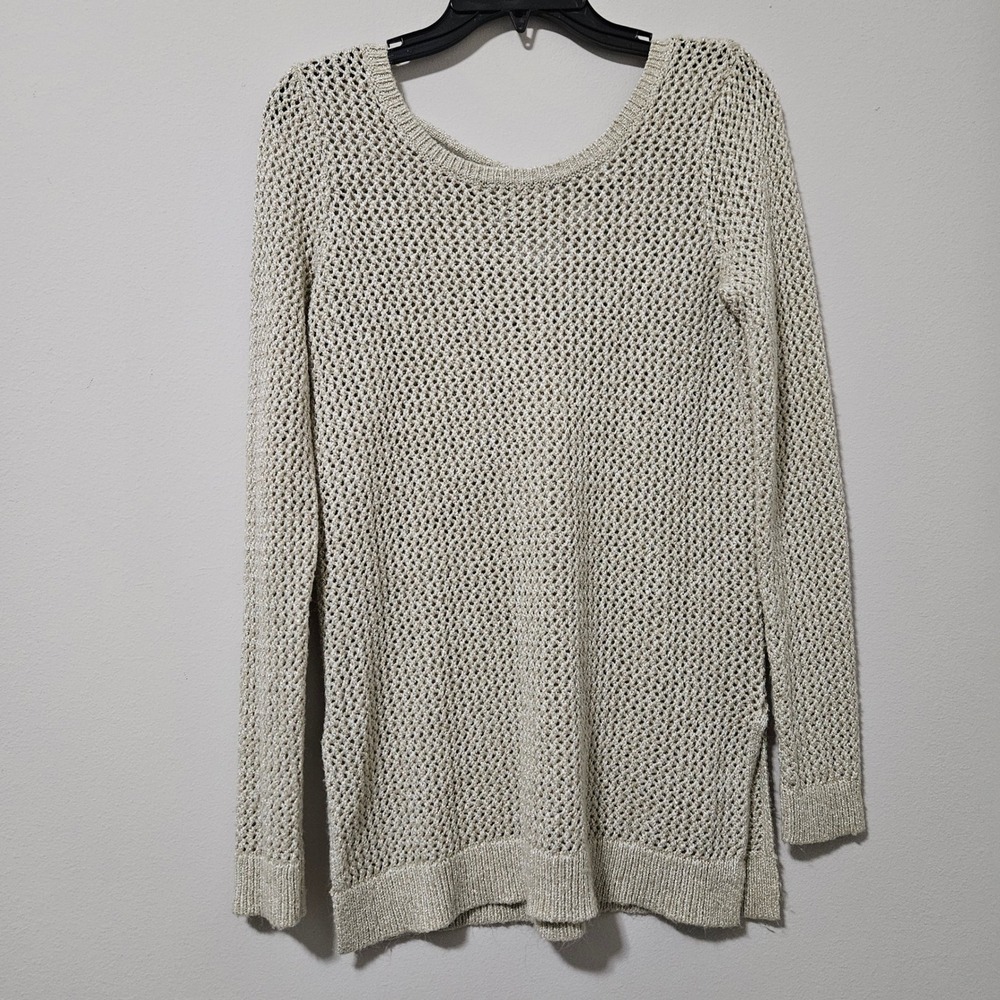 Lucky Brand Womens Metallic Gold Open Knit Lace Up Back Sweater Medium Champagne